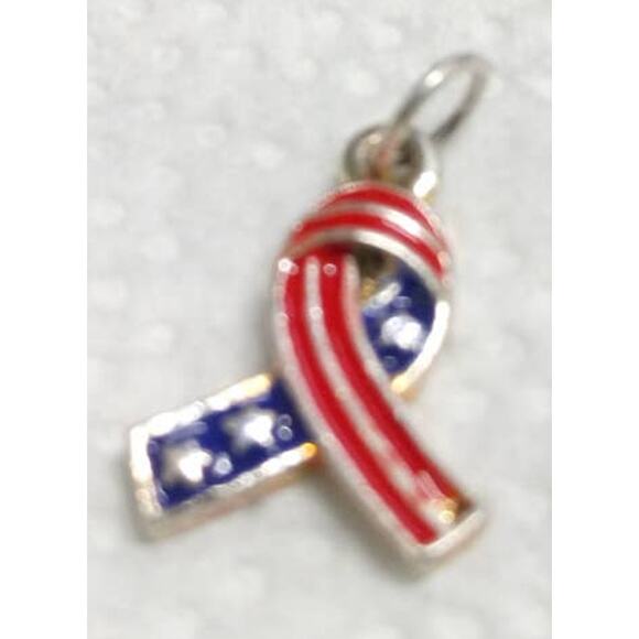 USA Flag Cancer Awareness Charm Small Pendant Silvertone Enamel Red White BLue - Picture 1 of 2